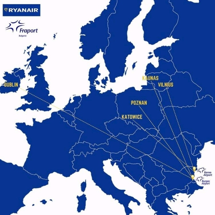 Ryanair пуска 5 нови полета от морските летища и връща между София и Варна 